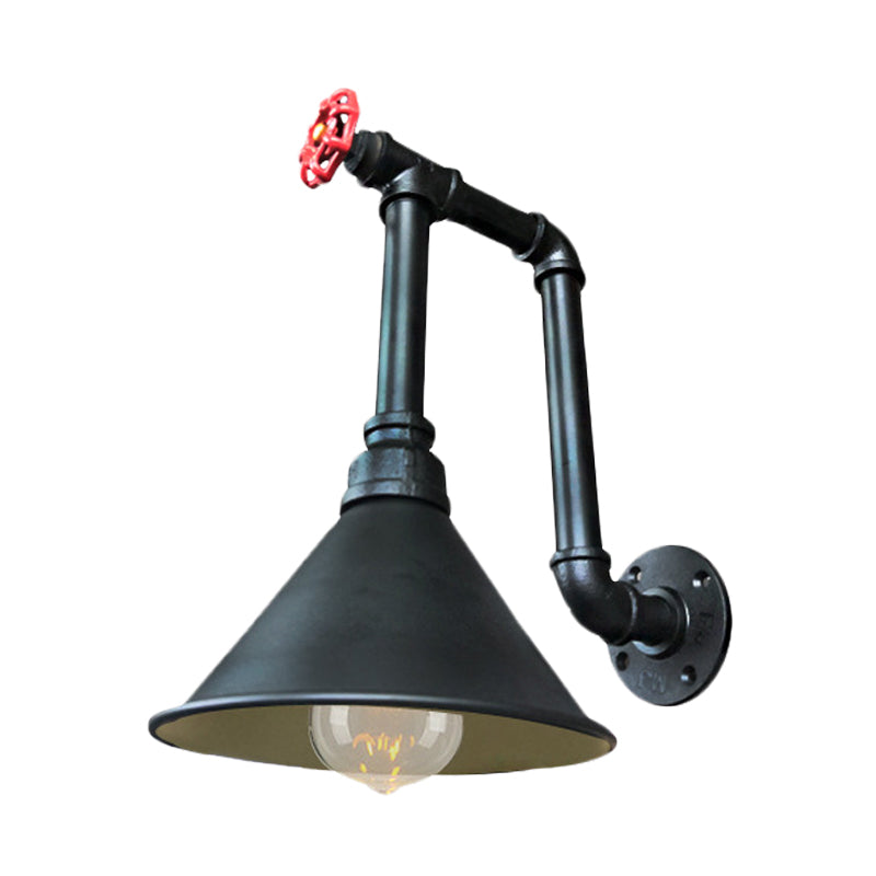 Rustic Black/Bronze Metal Wall Sconce With Cone Shade For Restaurants - 1 Light Pipe And Valve