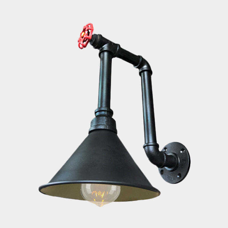 Rustic Black/Bronze Metal Wall Sconce With Cone Shade For Restaurants - 1 Light Pipe And Valve