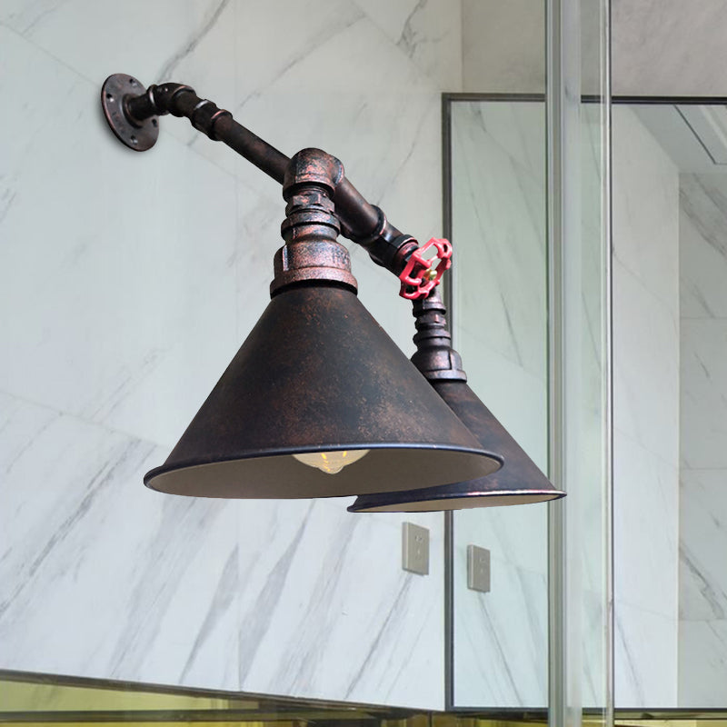 Modern Flared Metallic Wall Mount Sconce With Antiqued Design And Red Valve Accent Black