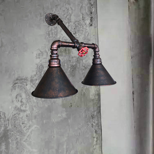 Modern Flared Metallic Wall Mount Sconce With Antiqued Design And Red Valve Accent