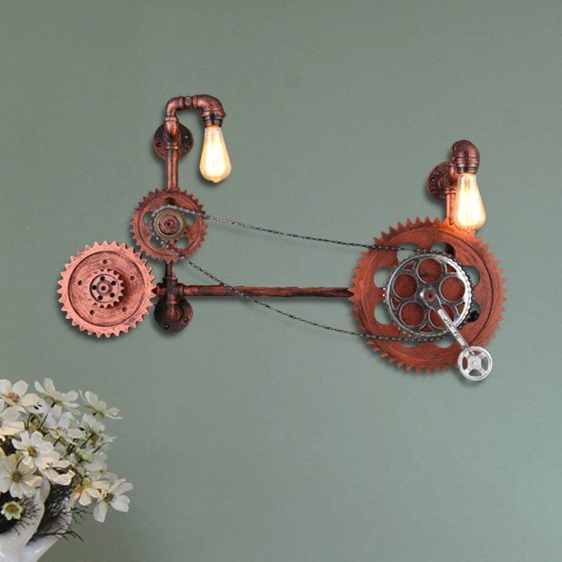 Antiqued Bicycle Iron Wall Sconce With 2 Lights For Corridor Rust