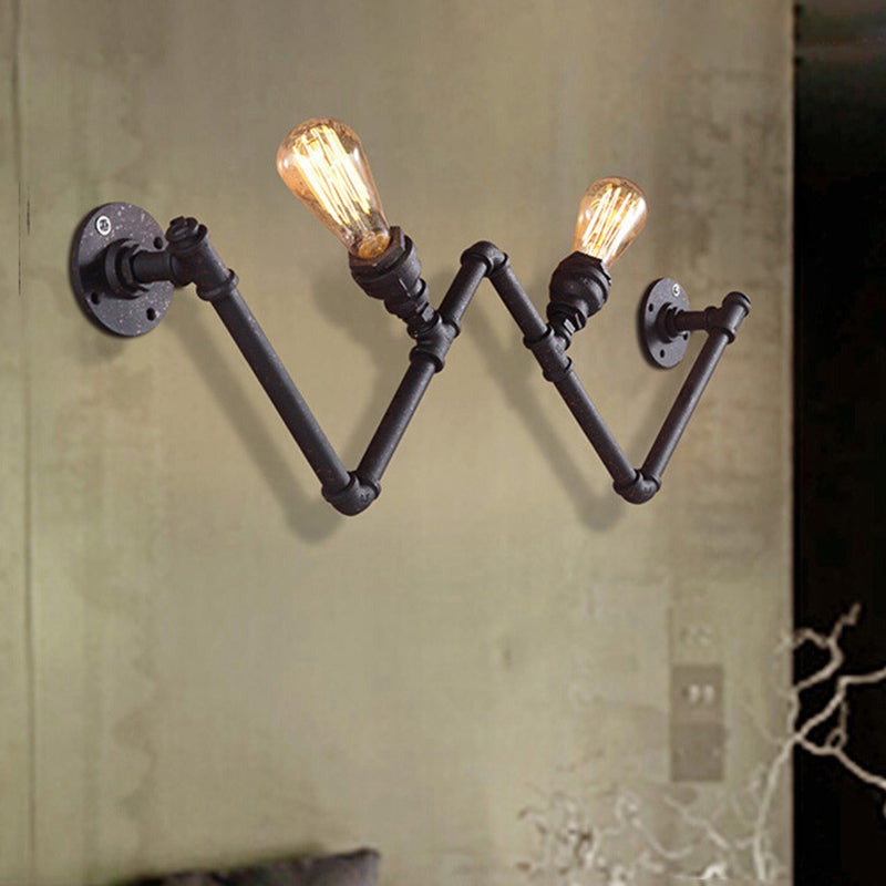 Farmhouse Iron Wall Sconce With Pipe Design - Black 2-Bulb W-Shaped Lamp Fixture