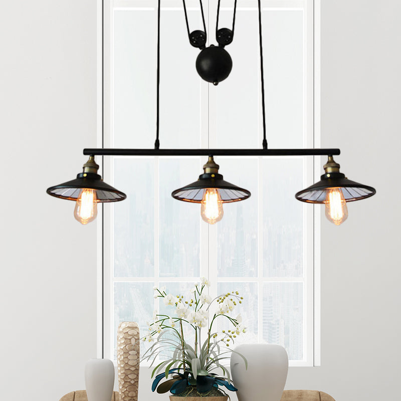 Flared Black Farmhouse Pendant Light With Pulley Design And 3 Bulbs - Perfect For Restaurants