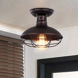 Iron Barn Flush Mount Ceiling Lamp In Antiqued Bronze/Coffee With Cage - Perfect For Living Room