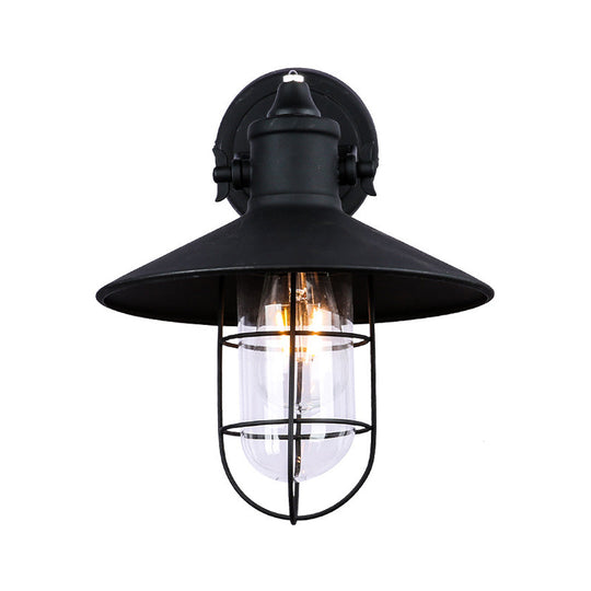 Industrial Black Wire Cage Wall Sconce With Clear Glass - 1 Light Coffee Shop Lighting