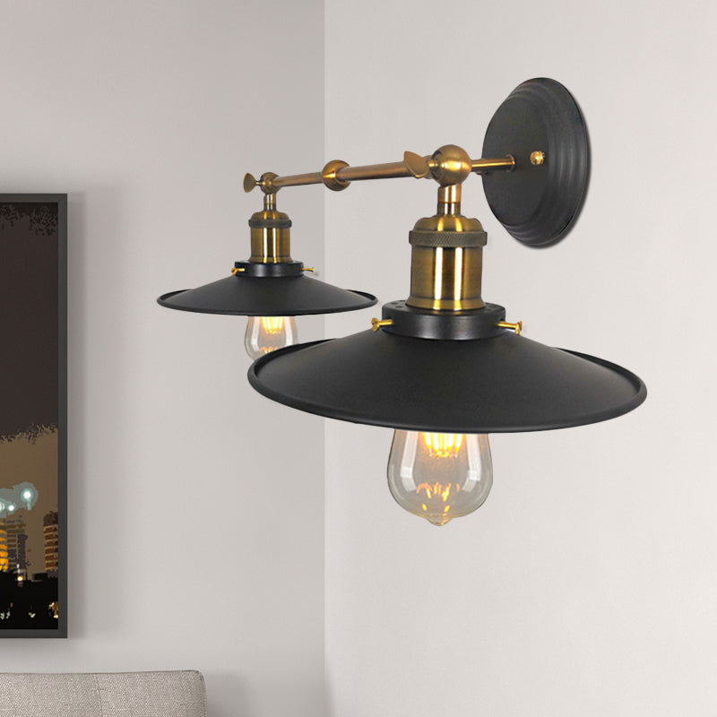 Vintage Wall Mounted Sconce With Flare Metal Shade In Black And Brass - 2 Bulb Light For Restaurants