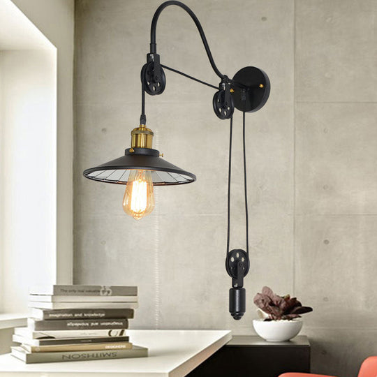 Industrial Black Flared Wall Light With Pulley And Gooseneck Arm