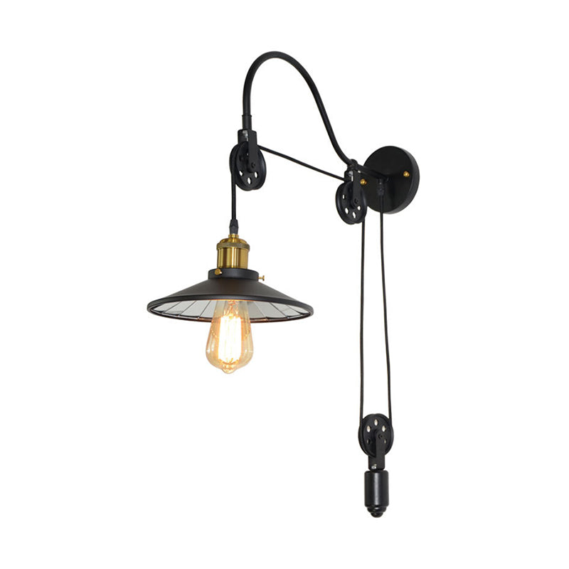 Industrial Black Flared Wall Light With Pulley And Gooseneck Arm