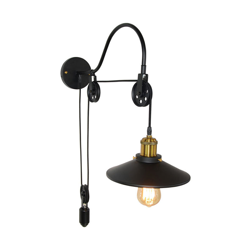 Industrial Black Flared Wall Light With Pulley And Gooseneck Arm