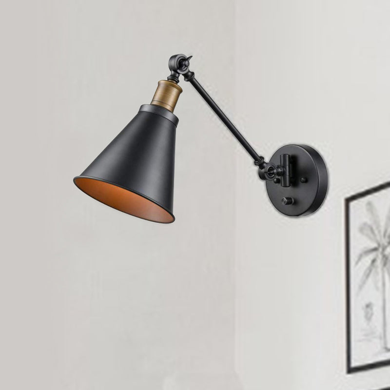 Vintage Black Iron Wall Mount Swing Arm Sconce With Cone Shade For Living Room