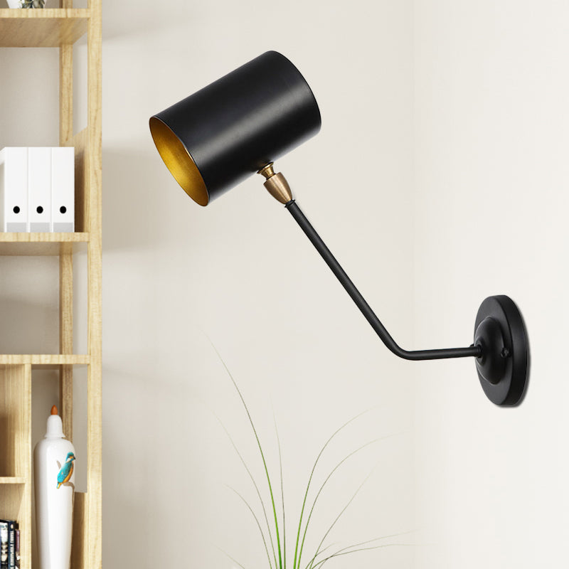 Black Industrial Wall Sconce - Metal Cylindrical Bedroom Lamp With Angled Arm