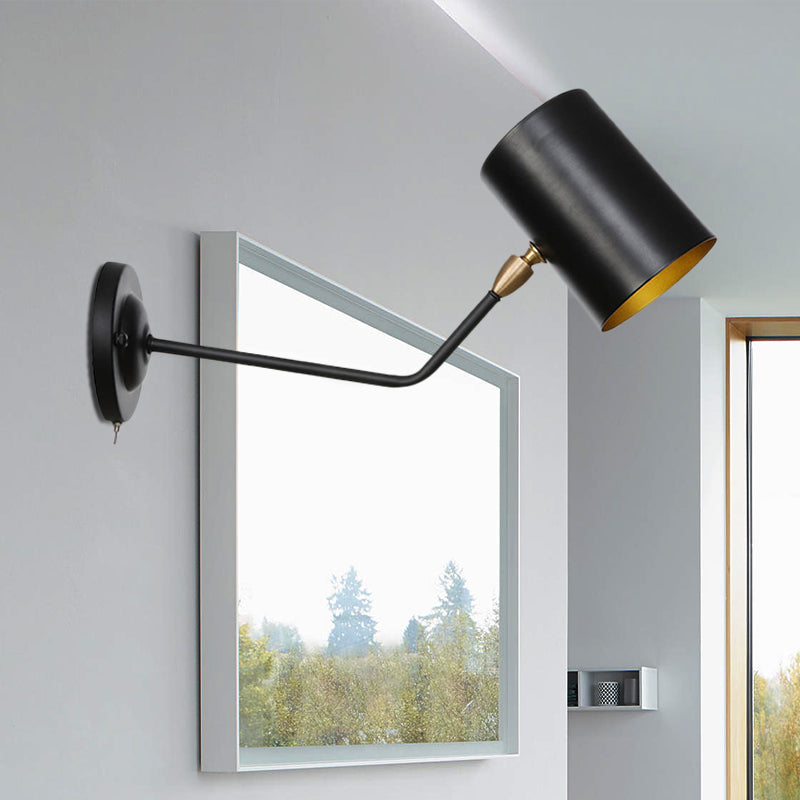 Vintage 1-Light Wall Mount Iron Sconce Lamp In Black With Cylinder Shade - Ideal For Study Room