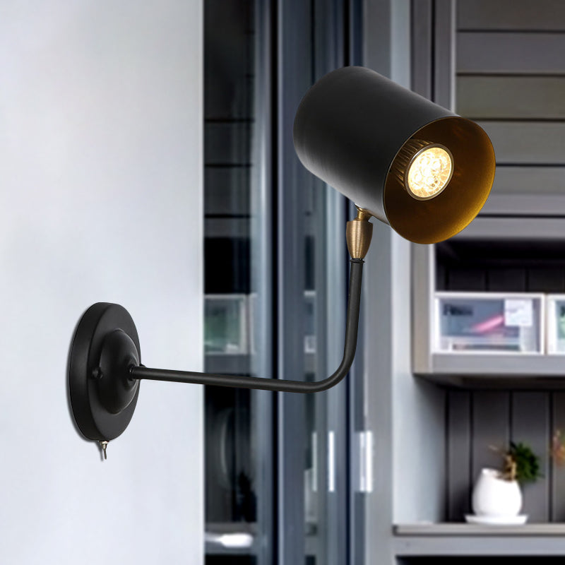 Industrial Wall Mounted Sconce Lamp In Black - Cylinder Metallic Light Fixture With Bend Arm For