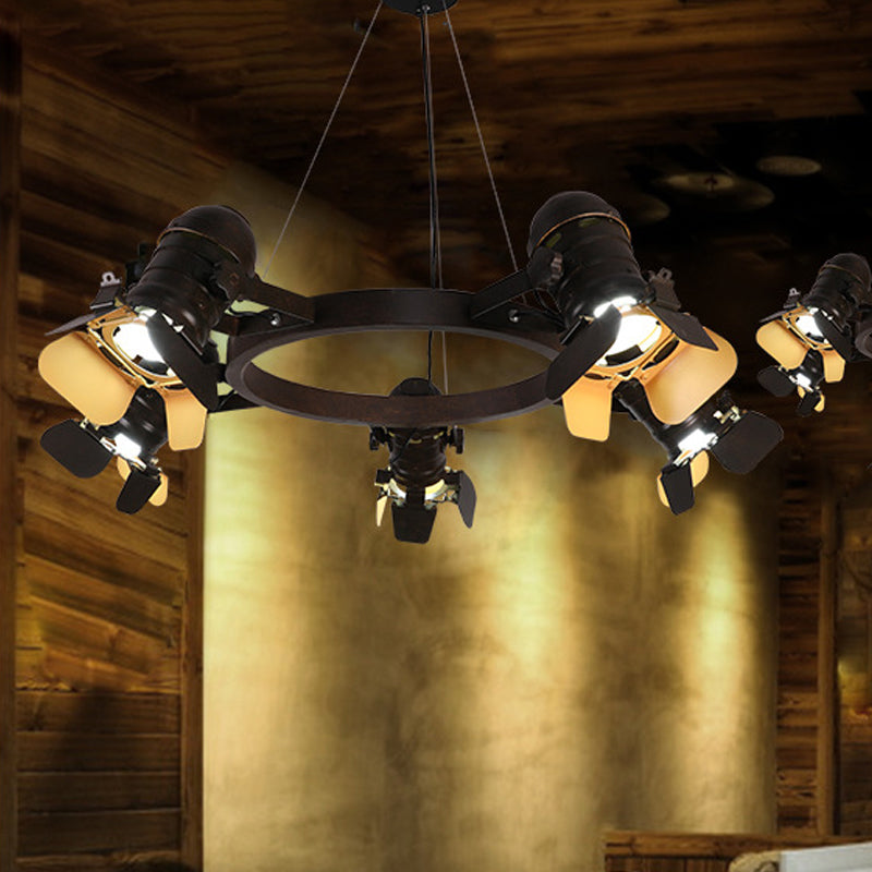 Art Deco Camera Pendant Chandelier In Black With Ring Design - 5-Light Metallic Ceiling Lamp