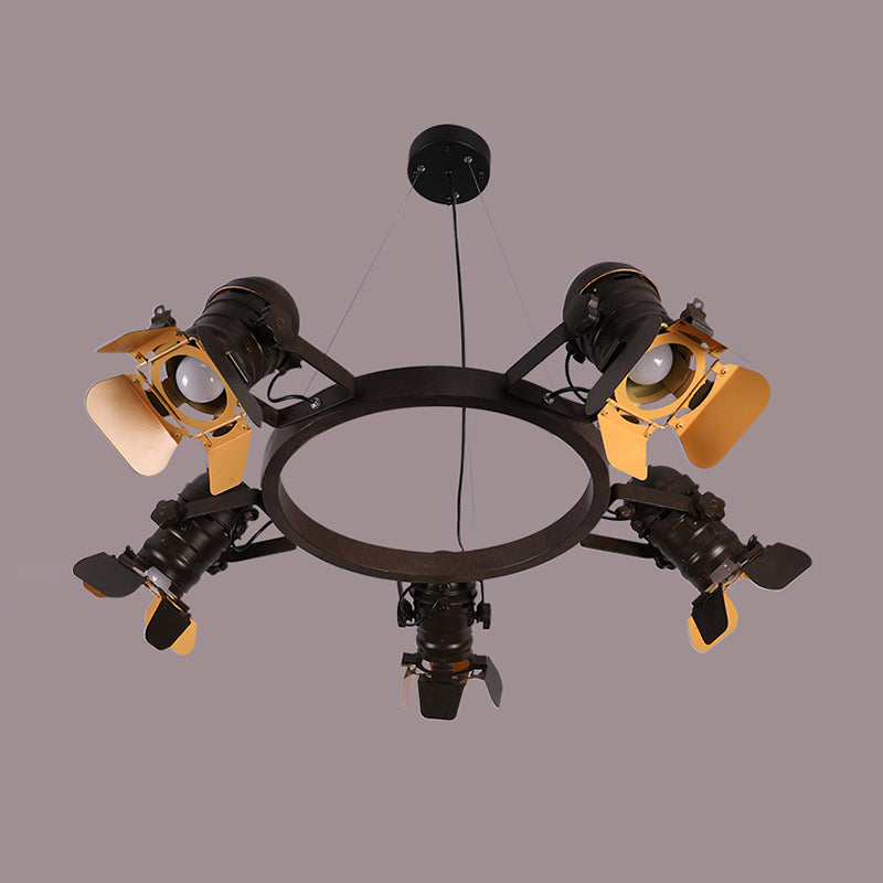 Art Deco Camera Pendant Chandelier - 5 Lights, Metallic Hanging Ceiling Lamp in Black with Ring Design
