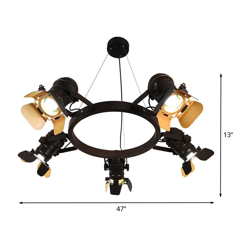Art Deco Camera Pendant Chandelier - 5 Lights, Metallic Hanging Ceiling Lamp in Black with Ring Design