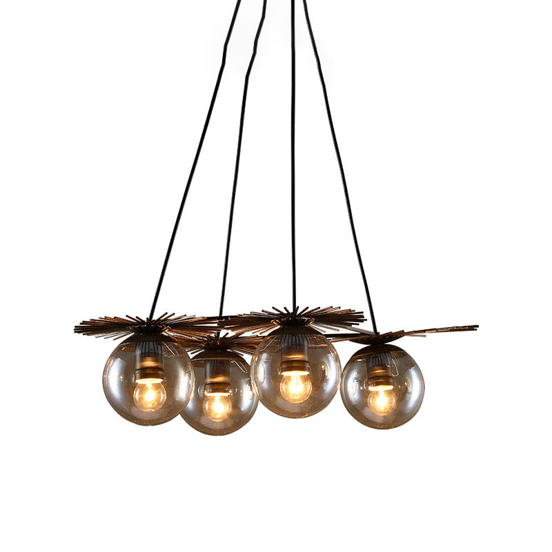 Industrial Coffee House Pendant Light Fixture With Amber Glass Shade - 4 Bulbs Ceiling Chandelier