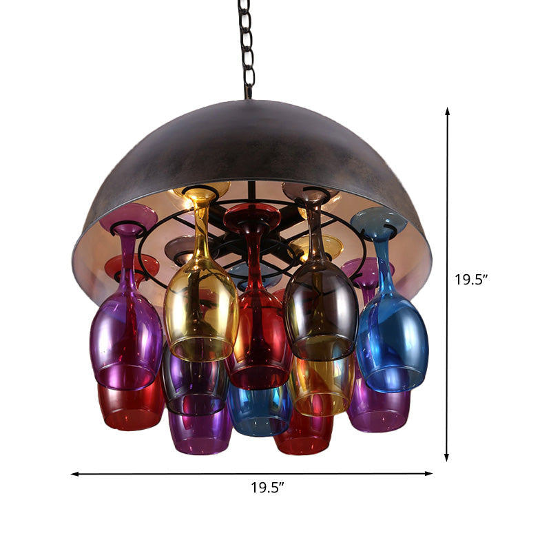 Vintage 4-Light Dome Iron Hanging Chandelier: Restaurant Pendant Lamp in Black with Colorful Wine Cup Deco