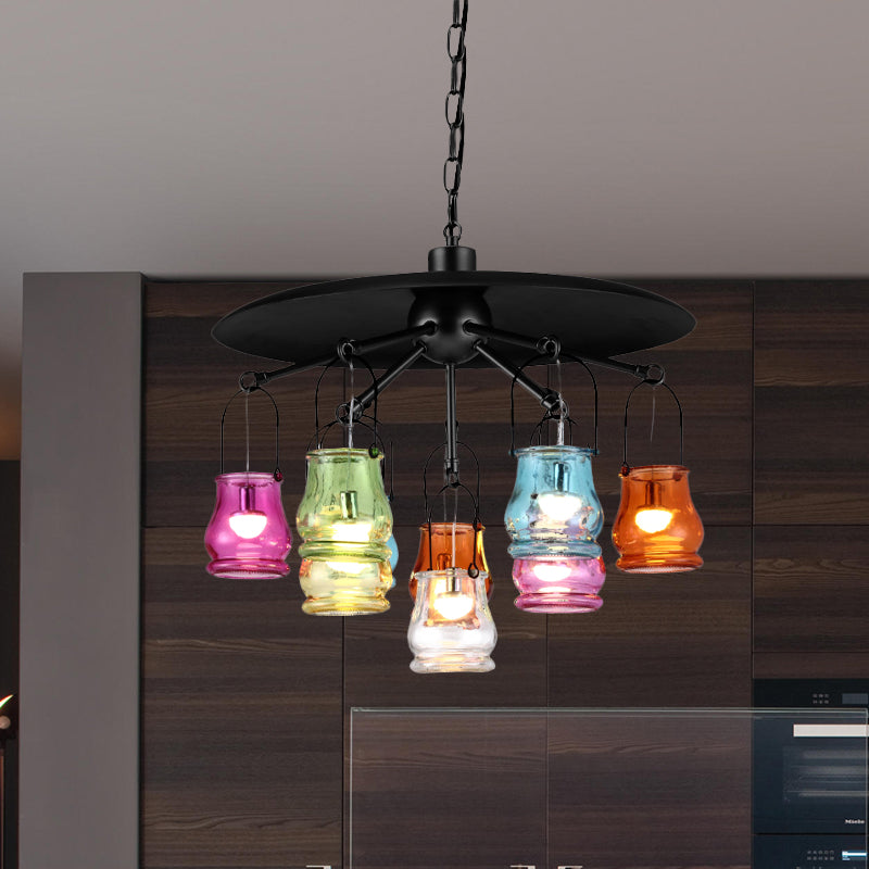 10-Head Industrial Can Pendant Chandelier With Colorful Glass In Black/Rust/Gold Black