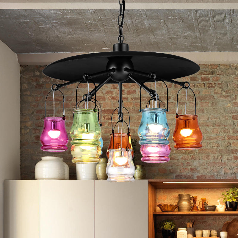 10-Head Industrial Can Pendant Lighting: Arc Colorful Glass Chandelier in Black/Rust/Gold with Metal Top