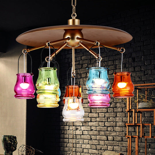 10-Head Industrial Can Pendant Chandelier With Colorful Glass In Black/Rust/Gold Gold