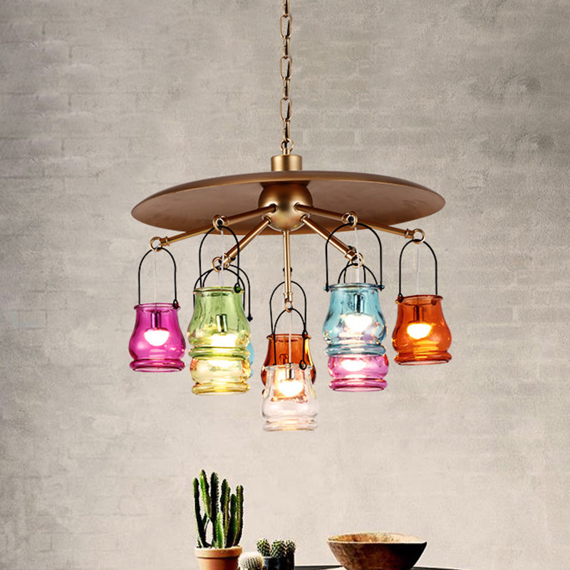 10-Head Industrial Can Pendant Chandelier With Colorful Glass In Black/Rust/Gold
