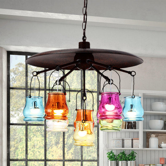 10-Head Industrial Can Pendant Chandelier With Colorful Glass In Black/Rust/Gold Rust