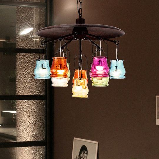10-Head Industrial Can Pendant Lighting: Arc Colorful Glass Chandelier in Black/Rust/Gold with Metal Top