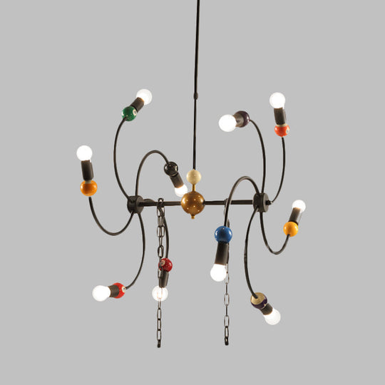 Industrial 10-Light Iron Chandelier With Billiard Deco And Chain For Restaurants - Black