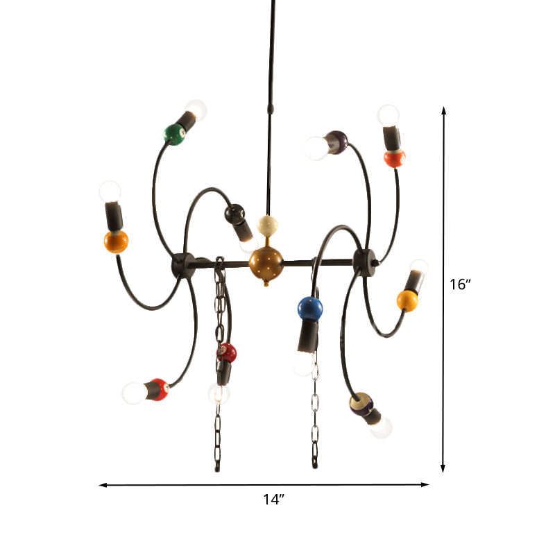 Industrial 10-Light Iron Chandelier With Billiard Deco And Chain For Restaurants - Black