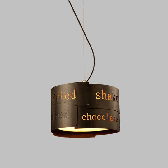 Antiqued Black Iron 3-Head Drum Chandelier - Stylish Ceiling Hang Fixture With Lettering Design