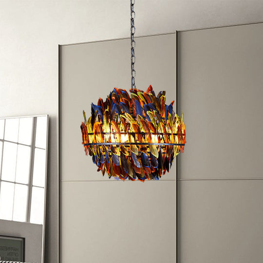 Iron Blue Chandelier With 4-Light Industrial Suspension And Feather Décor