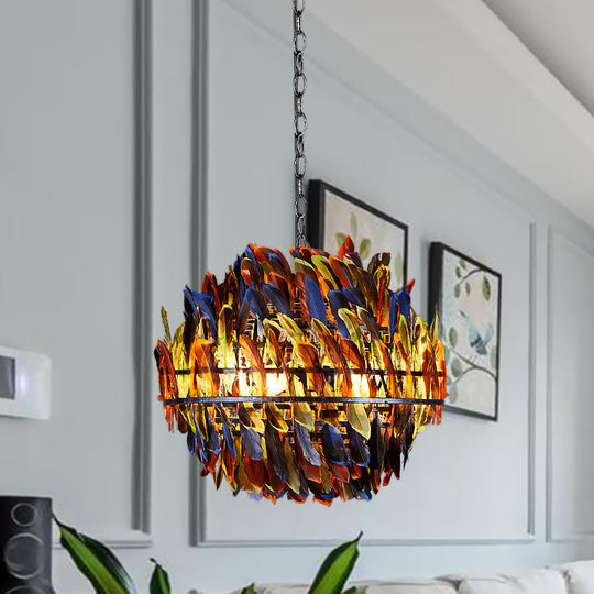 Iron Blue Chandelier With 4-Light Industrial Suspension And Feather Décor