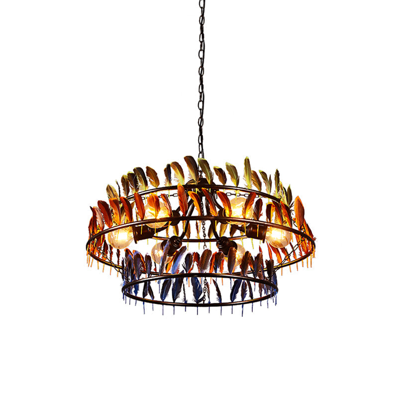 Art Deco Feather Chandelier Pendant Lamp - Red And Blue Metallic 6 Bulbs