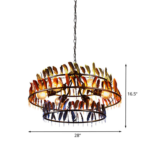 Art Deco Feather Metallic Chandelier Pendant Lamp - Red and Blue, 6-Bulb Hanging Light
