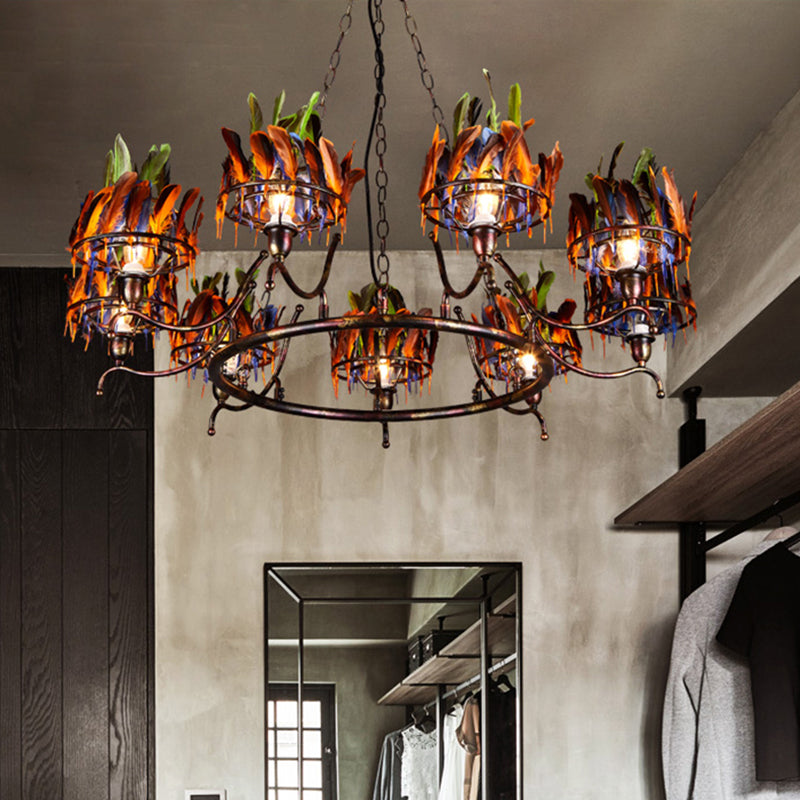 Industrial Round Chandelier With Rustic Iron Finish And Feather Accents - 9 Lights Red-Blue