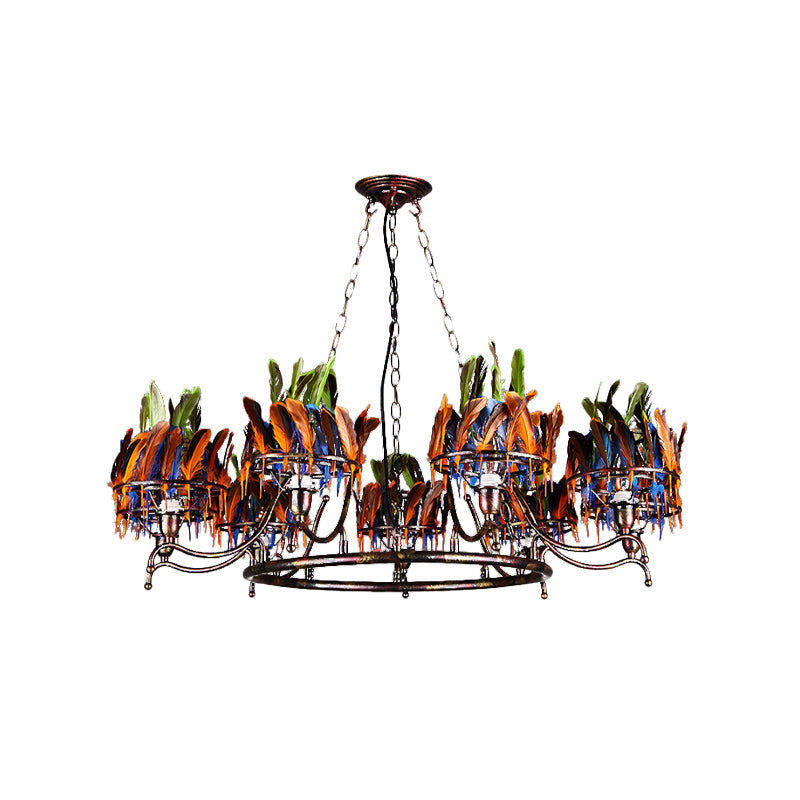 Industrial Round Chandelier With Rustic Iron Finish And Feather Accents - 9 Lights