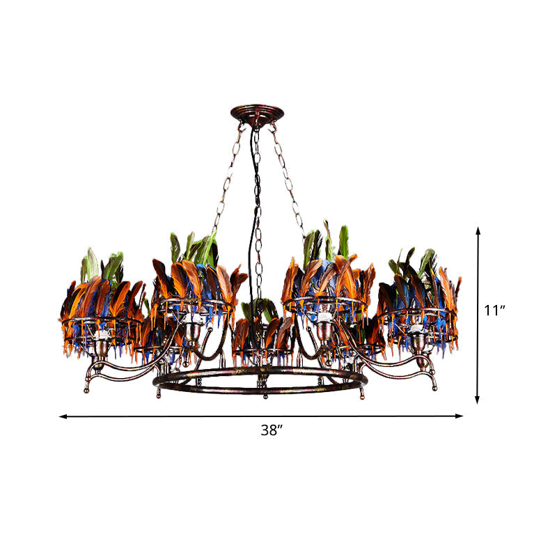 Industrial Iron Rusty Chandelier Light Fixture - 9 Lights, Round Hanging Ceiling Lamp with Colorful Feather Deco
