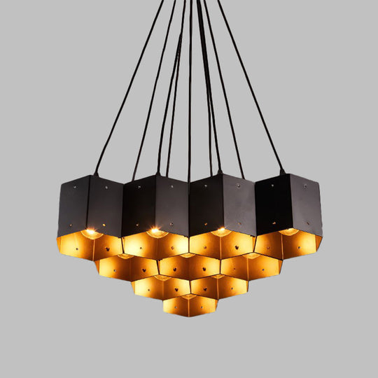 Vintage Hexagon Pendant Chandelier With Black Down Lighting & Honeycomb Design - 7/10/11 Lights