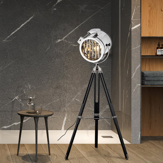 Industrial Style 1-Head Metallic Cylinder Spotlight Floor Lamp In Black/Wood With Tripod Black