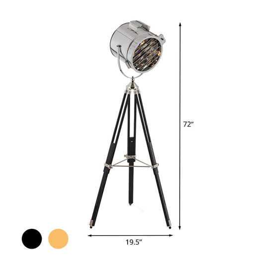 Industrial Style 1-Head Metallic Cylinder Spotlight Floor Lamp In Black/Wood With Tripod