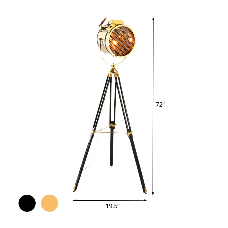 Vintage Metal Spotlight Floor Lamp With Tripod Stand - Black/Wood Perfect For Living Room Lighting
