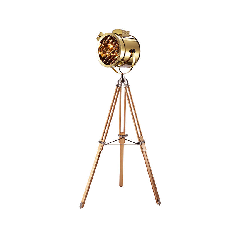 Vintage Metal Spotlight Floor Lamp With Tripod Stand - Black/Wood Perfect For Living Room Lighting
