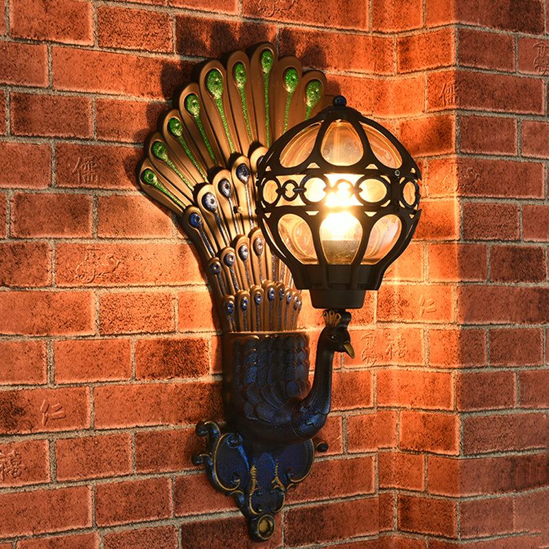 Industrial Metal Wall Sconce With Lake Blue Globe & Peacock Backplate