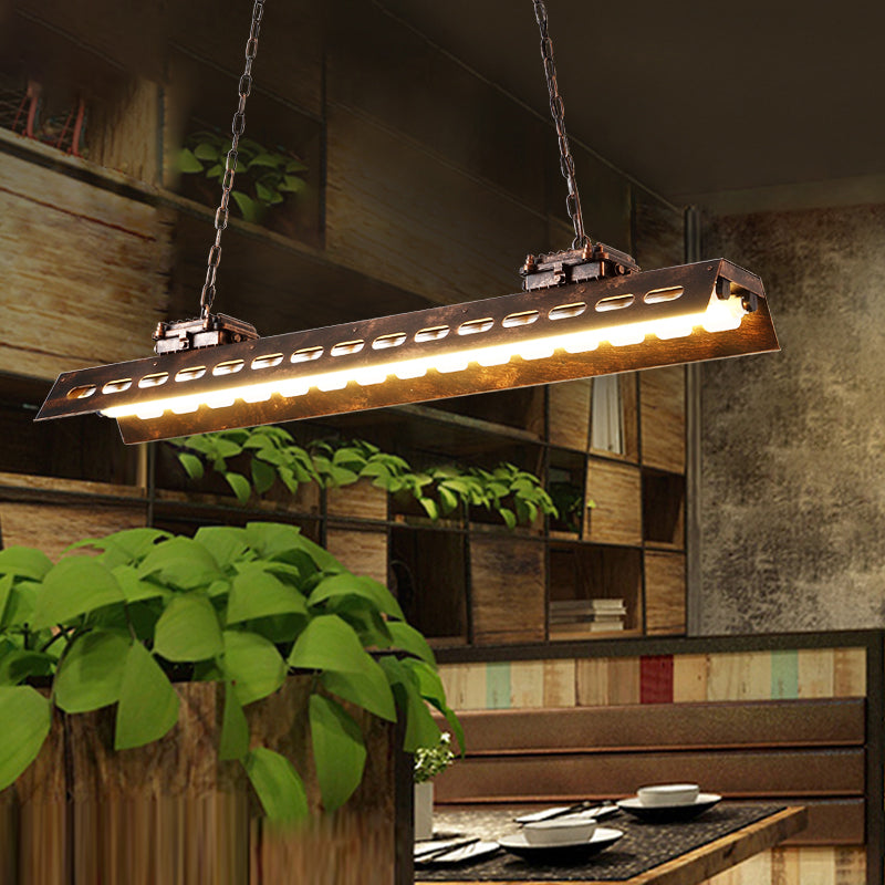 Antiqued Iron Rectangle Restaurant Island Lighting Fixture - Rust Finish 2 Bulbs Ceiling Hang