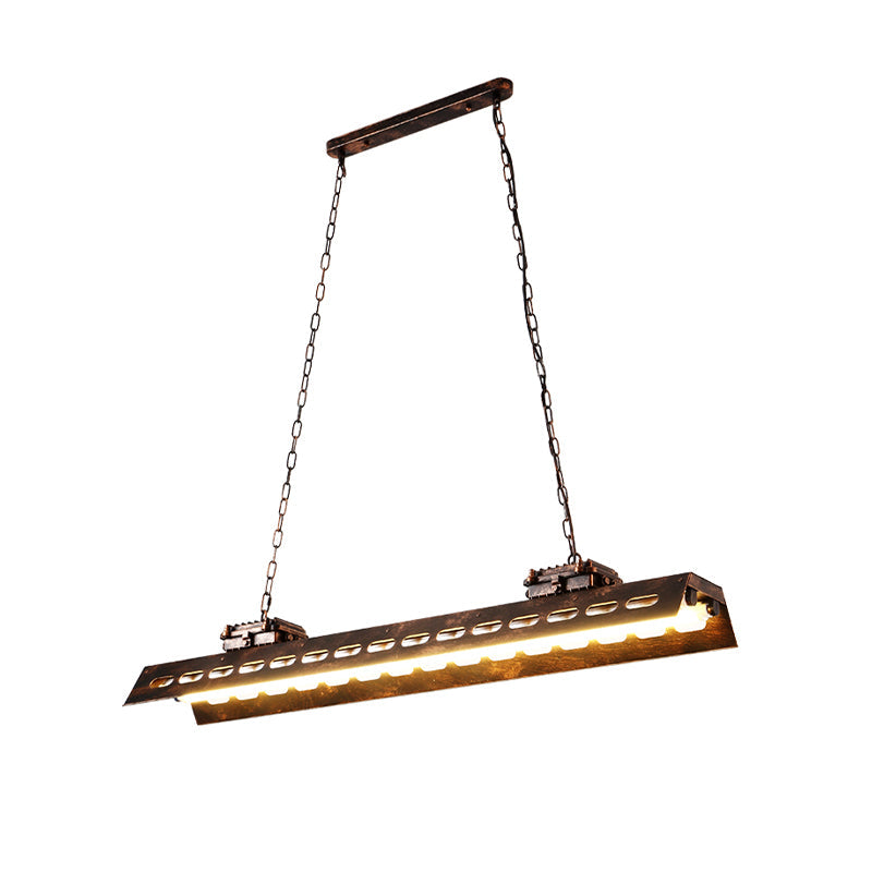 Antiqued Iron Rectangle Restaurant Island Lighting Fixture - Rust Finish 2 Bulbs Ceiling Hang