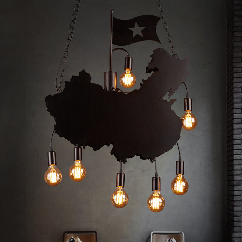 Industrial Island Pendant Lamp - Iron Panel Black Hanging Light Kit 7 Bulbs Map And Flag Shape