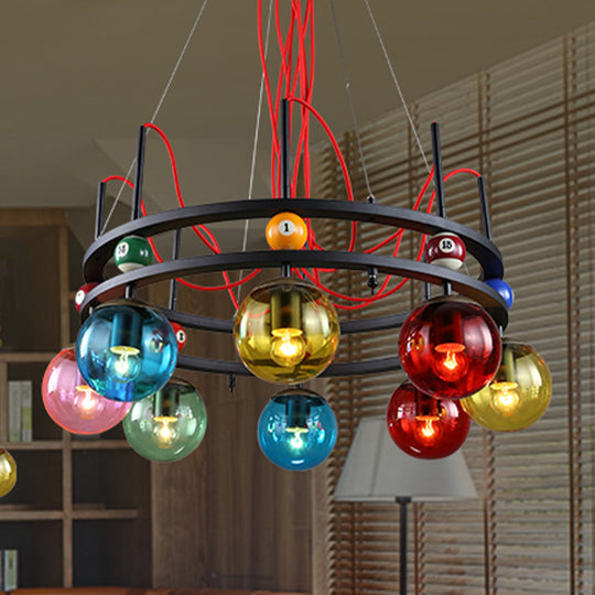 Vintage Colorful Glass Chandelier with Billiard Decoration - Black Round Ceiling Pendant Light for Living Room (8/12/16 Bulbs)
