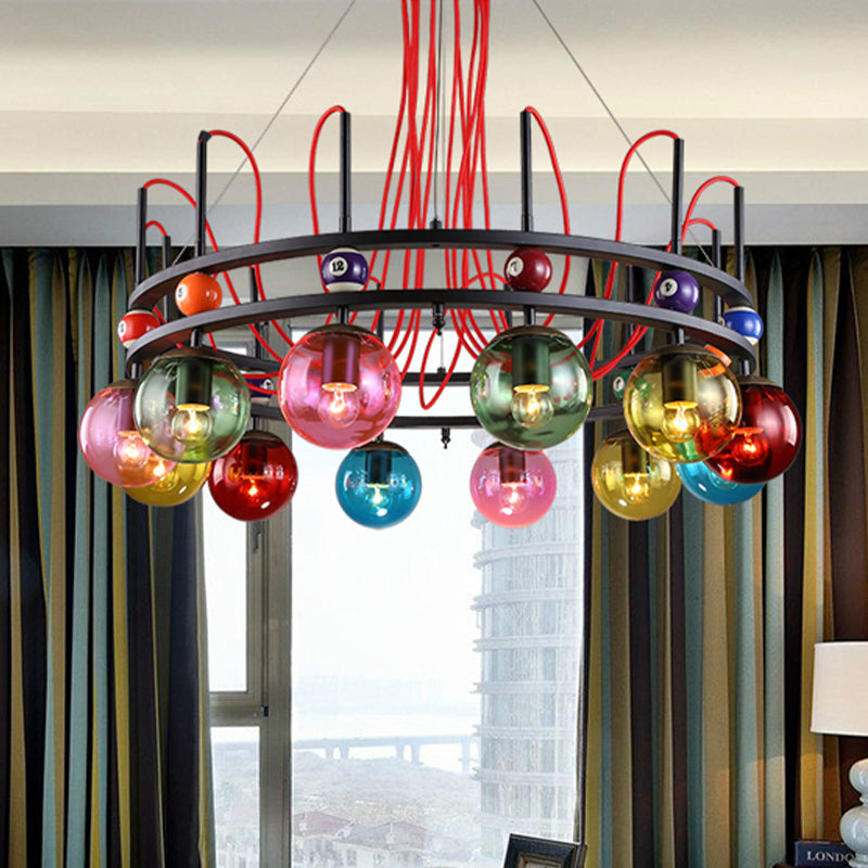 Vintage Black Ceiling Chandelier With Colorful Glass & Billiard Decoration Pendant Light For Living