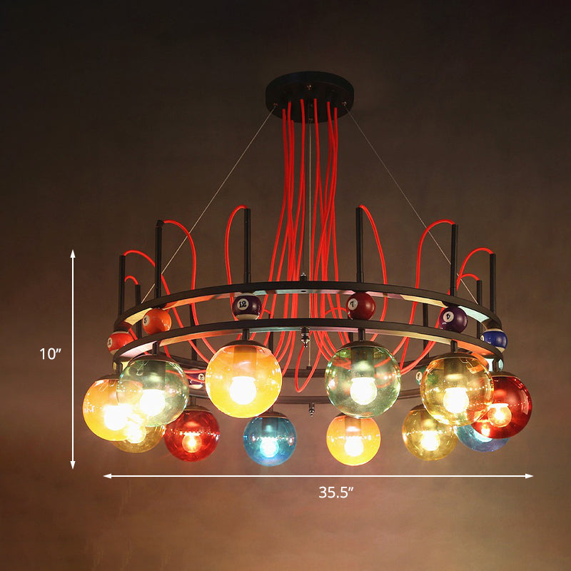 Vintage Colorful Glass Chandelier with Billiard Decoration - Black Round Ceiling Pendant Light for Living Room (8/12/16 Bulbs)